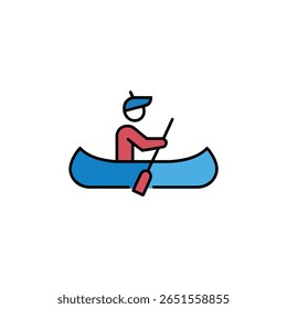 Um homem boneco está remando uma canoa. A arte vetorial mostra um homem em uma canoa azul usando uma pá vermelha com um fundo transparente.