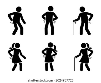 Stick figure man and woman with back pain icon vector set. Sick stickman having problem with spine, backbone painful, aching movements pictogram