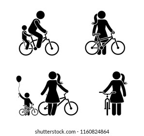 Stick Figure Man And Woman Bicycle Icon. Riding Bike Happy People