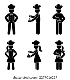 Stick figure man woman chef cook vector illustration set. Stickman kitchener standing in working uniform icon pictogram