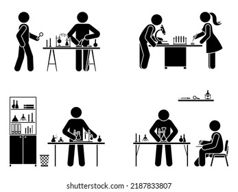 Stick figure man and woman chemist making scientific research in chemistry lab vector icon. Stickman scientist pictogram