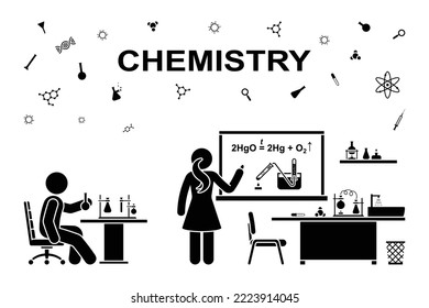 Stick figure man and woman chemist making scientific experiment in chemistry lab vector icon. Stickman scientist pictogram