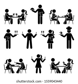 Stick figure man and woman, chief cook, waitress, waiter vector icon pictogram set. Eating, sitting at restaurant, dating, hungry, having dinner stickman silhouette