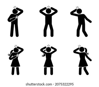 Stick Figure Man And Woman Headache Icon Vector Illustration Set. Cut Out Stickman With Migraine, Heart Attack, Ache, Pain Silhouette Pictogram On White