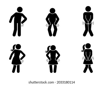 Stick figure man and woman with hip pain icon vector illustration set. Stickman having thigh ache silhouette pictogram on white