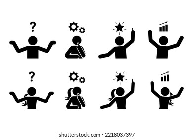 Stick figure man and woman idea problem solution reasoning vector illustration set. Logical thinking sign symbol icon