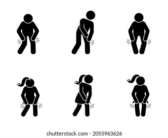 Stick figure man and woman with knee pain icon vector set. Sick stickman having problem with kneecap painful, aching movements pictogram on white