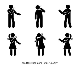 Stick Figure Man And Woman With Pain In Shoulder, Elbow, Neck Icon Vector Set. Sick Stickman Having Problem With Joint Painful, Aching Movements Pictogram