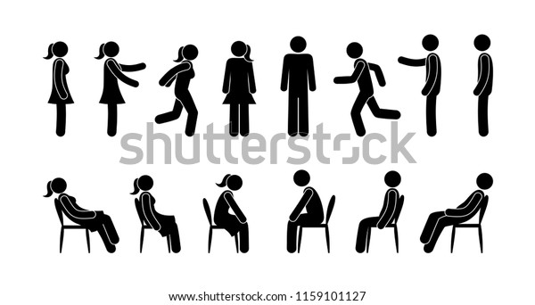 スティックフィギュアマンと女性の絵文字 アイコンセット人 男性スタンド 座る 走る 人間のフィギュア ベクターシルエット シンボルパーソン のベクター画像素材 ロイヤリティフリー