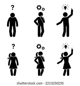 Ilustración vectorial del hombre y la mujer de la figura del palo que resuelve problemas de razonamiento. Juego de iconos de preguntas, soluciones, ideas, información