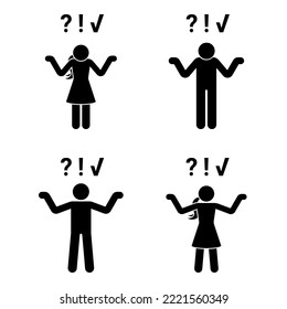 Stick figure man and woman problem solution concept vector illustration set. Question, idea, realization pictogram