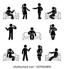Stick figure man and woman relaxing on sofa set. Vector illustration of drinking coffee pictogram on white