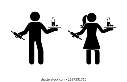 Stick figure man and woman with rolling pin, milk and eggs vector set. Stickman person baking a cake icon sign pictogram