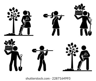 Stick figure man woman with shovel vector set. Stickman male female planting tree, gathering harvest icon pictogram