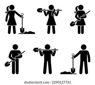 Stick figure man woman standing with shovel vector set. Stickman male female digging soil, gardening icon pictogram