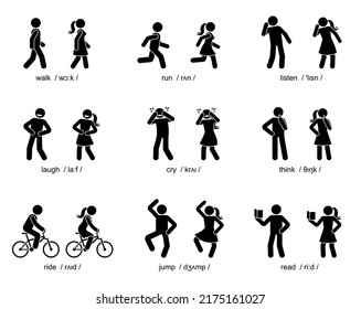 Stick figure man woman walk, run, listen, laugh, cry, think, ride, jump, read verbs pronunciation vector illustration