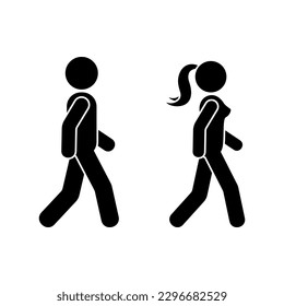 Stick figure man and woman walking side view. Male and female people going moving forward icon vector pictogram