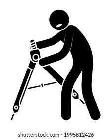 stick figure, man works with compass, divider. Engineer, builder measures the area of the land. Isolated vector on white background