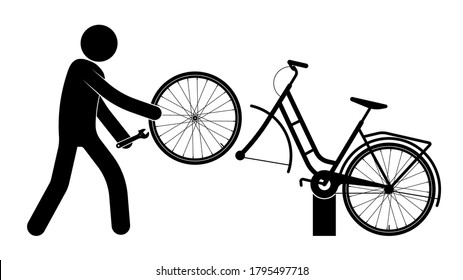 stick figure, mechanic repairs broken bike. Transport repair master. Cycling around the city, vehicle maintenance. Caring for the ecology and the environment. Black and white vector