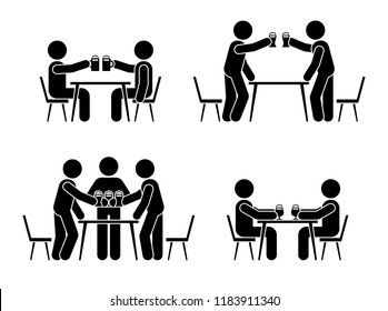 Stick figure men drinking beer icon. Happy celebration of young people pictogram