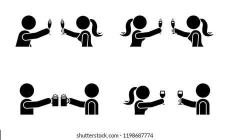 Stick figure men and women drinking wine, beer, champagne icon. Happy celebration of young people pictogram
