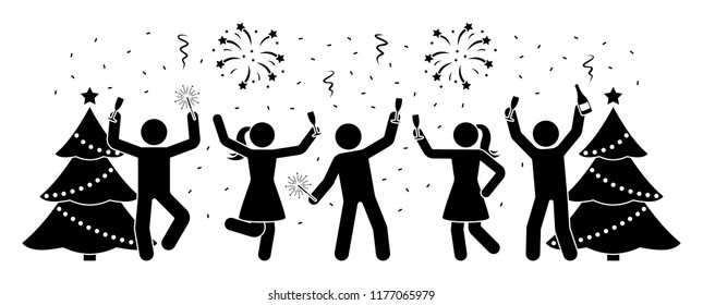 Stick figure men and women at New Year party icon. Happy human dancing near tree pictogram