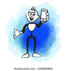 Stick figure and mobile phone. Beautiful hand drawn vector sketch. Colorful scene for social media and print decoration.