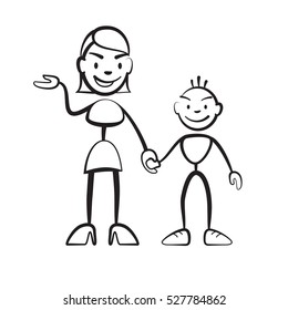 Stick figure mother with son greeting, Stickman vector drawing on white background