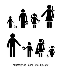 Stick figure mother standing with sons and daughter, father with kids vector icon set. Boy and girl with backpack going back to school, children playing with toys pictogram silhouette