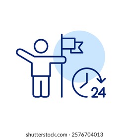 Stick figure mounting a flag pole and 24 hours clock. Non-stop success, reaching milestones 24 7. Constant goals achievement. Pixel perfect, editable stroke icon