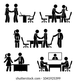 Stick figure negotiation icon set. Vector illustration of hands shaking meeting pictogram on white