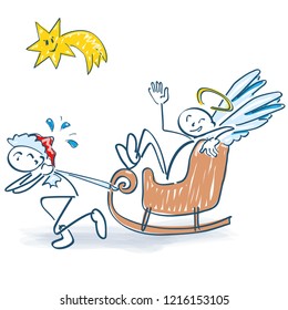 Stick figure as Nicholas pulls a sleigh with an angel