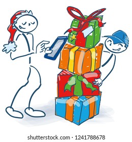 Stick figure as Nickolas orders  packages online with the tablet