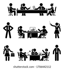 Stick figure office male and female at business meeting vector icon set. Group of team coworkers talking, negotiating, discussing, working, sitting at desk, using computer