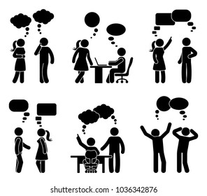 Stick figure office people speech bubble set. Vector illustration of talking coworkers on white
