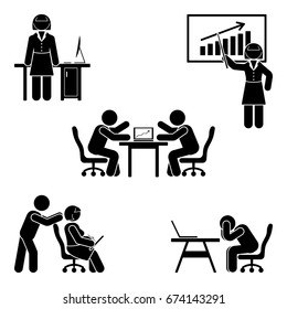 Stick figure office poses set. Business finance workplace support. Working, sitting, talking, meeting, training, discussing vector pictogram 