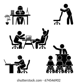 Stick figure office poses set. Business finance workplace support. Working, sitting, talking, meeting, training, discussing vector pictogram 