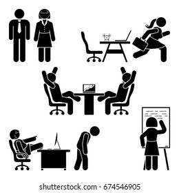 Stick figure office poses set. Business finance workplace support. Working, sitting, talking, meeting, training, discussing vector pictogram 