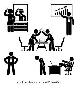 Stick figure office poses set. Business finance workplace support. Working, sitting, talking, meeting, training, discussing vector pictogram 