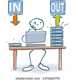 Stick figure at the office table with files in and out