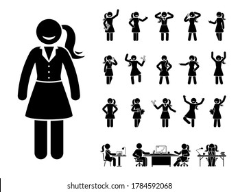 Stick figure office woman different poses, emotions face design vector icon set. Happy, sad, surprised, amazed, angry, standing, sitting stickman lady person