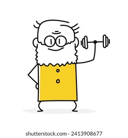 Stick figure. Old man exercise with dumbbell. Cartoon style. Vector illustration.