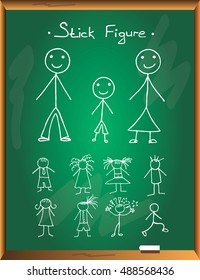 Stick figure  on chalkboard background. Vector illustration. Free hand drawn.