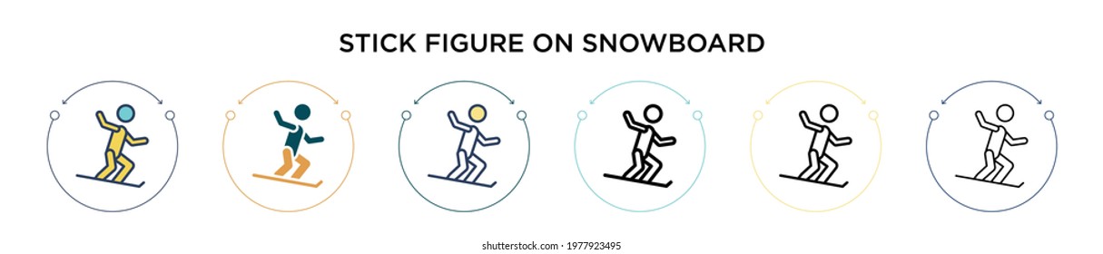 Stick figure on snowboard icon in filled, thin line, outline and stroke style. Vector illustration of two colored and black stick figure on snowboard vector icons designs can be used for mobile, ui, 