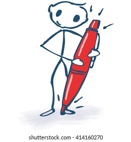 Stick figure with one red pencil 