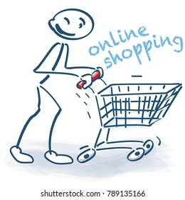 Stick figure with a online shopping cart