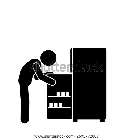 Stick figure opening refrigerator in simple minimal style.
