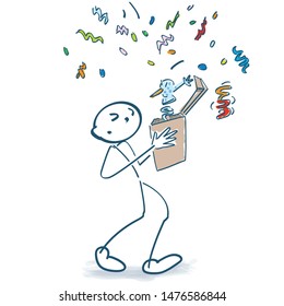 Stick figure opens a box and has suddenly a big surprise with confetti