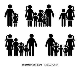 Stick Figure Parents And Children Icon Set. Big Happy Family Black Pictogram