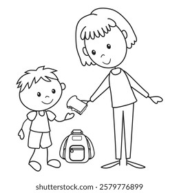 Stick figure people. Boy getting ready for school. Mother giving son sandwich vector cartoon illustration